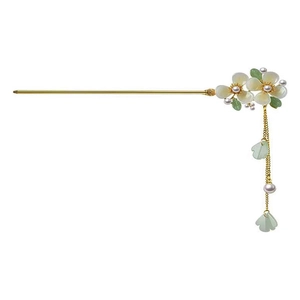 Vintage gold hair stick with white flowers, pearls and light green tassel ornaments