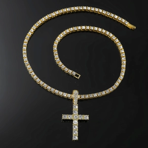 Hiphop tennis chain with gold-plated iced out cross pendant and sparkling crystals
