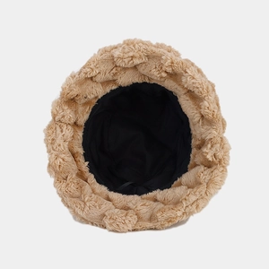 Retro camel faux rabbit fur bucket hat with pineapple texture and soft black inner lining
