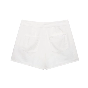 Close-up of white woven cotton fabric texture and back view of casual women's shorts