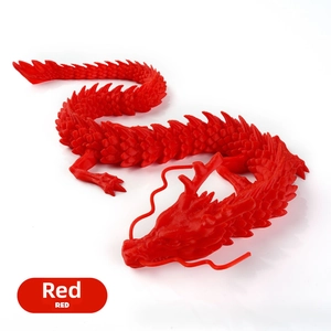 Detailed macro view of an articulated 3D printed red Chinese dragon with flexible joints