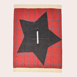 Detailed view of red plaid poncho with black star pattern and beige tassel fringe texture
