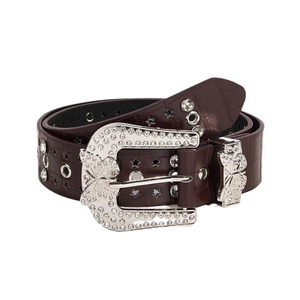 Dark brown crocodile pattern leather belt with rhinestone butterfly buckle and silver stars