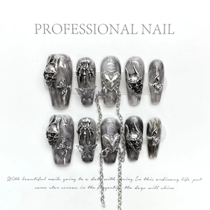 Handmade Gothic Press On Nails Dark Marble Pattern Alloy Metal Charm Skull Cross Butterfly Punk Style For Women