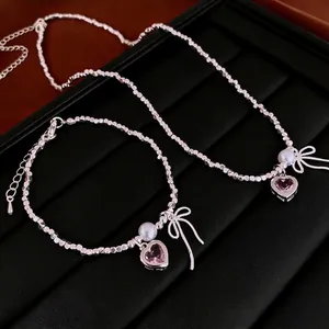 Heart Pink Zircon Imitation Artificial Pearl Bowknot Pendant Hematite Beaded Bracelet Sweet Elegant Jewelry For Women
