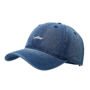 Navy blue denim baseball cap with white letter embroidery in a classic six-panel style