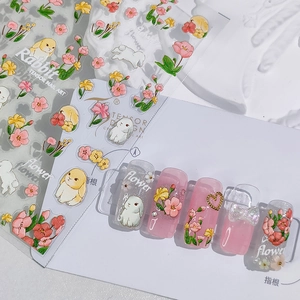 5D Embossed Nail Stickers 3D Self Adhesive Rabbit Flower Designs Sweet Style Manicure Decals DIY Decoration For Women