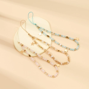 Handmade beaded phone charms with gold stars in pink, blue, and gold colors