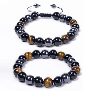 Bracelet Perles Oeil De Tigre Hématite Obsidienne Triple Protection Corde Tissée Réglable Hommes Mode Bijoux Énergie