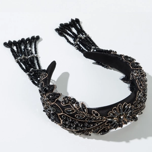 Baroque black crystal padded headband with vintage beaded tassels and gold embroidery