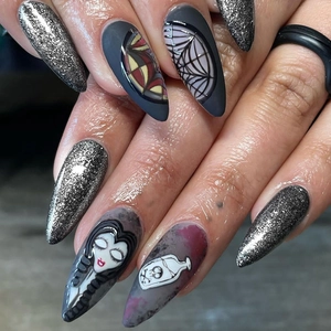 Gothic Press On Nails Matte Dark Gray Silver Glitter Spiderweb Long Almond Shape Halloween Dark Style For Women