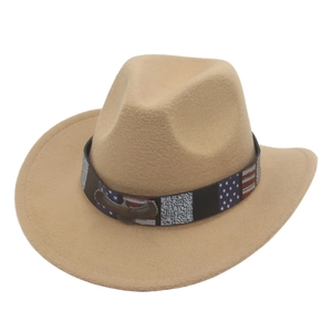 Classic Western felt cowboy hat in tan with American flag eagle band on white background