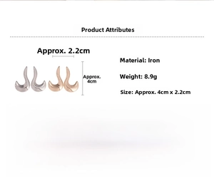 Detail view showing gold and silver irregular geometric earrings with size and weight specs