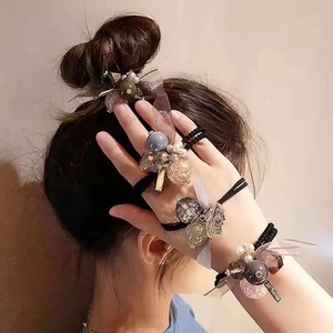 Elegant bow hair ties with pearls and crystal beads for high ponytail styling
