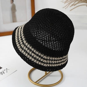 Breathable black hollow knit bucket hat with stylish beige stripes for sun protection