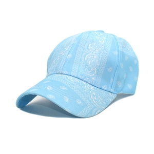 Detail of light blue baseball cap featuring intricate white paisley patterns on cotton fabric