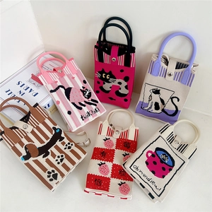 Cute Cartoon Knitted Mobile Phone Bag Women Crossbody Small Handbag Magnetic Buckle Crochet Mini Pouch Patterned