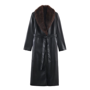 Women Long Faux Leather Coat With Faux Fur Collar Belted Double Breasted Winter Warm Trench Jacket Elegant Streetwear