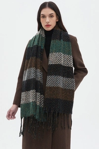 Close-up of stripes and fringe details on the knit scarf in dark green and brown