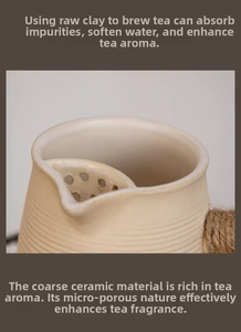 Detail of coarse ceramic teapot filter with natural rope handle for brewing milk tea