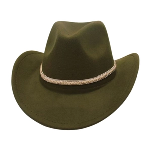 Detail of olive green felt cowboy hat featuring an intricate woven decorative band