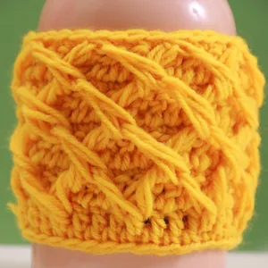 Macro shot of bright yellow hand-knitted diamond pattern texture on a cup sleeve