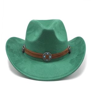 Detail of emerald green faux suede cowboy hat with turquoise studded decorative band