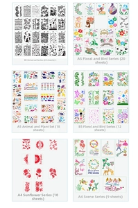 Detail showing assorted PET stencils for DIY painting with flower and animal patterns