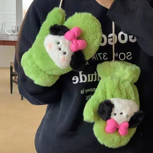 Cute green plush mittens with cartoon dog and pink bow detail for winter warmth