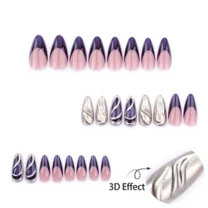 French purple almond press-on nails with silver 3D pearlescent chrome relief patterns