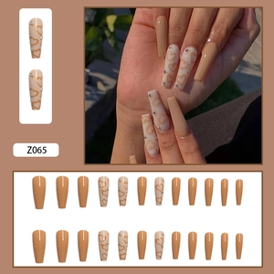 Long ballerina press-on nails Z065 with brown heart design and small rhinestones