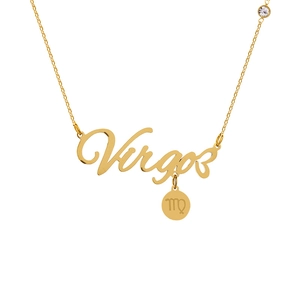 Detailed macro view of gold Virgo zodiac pendant with cursive lettering and a small crystal