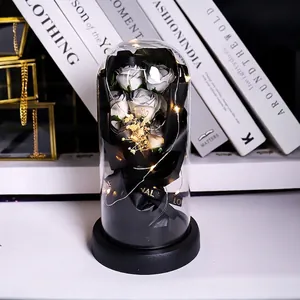 Detail of white soap rose in glass dome with LED fairy lights and black ribbon