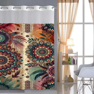 Hookless Mandala Gothic Printed Shower Curtain With Snap-In Liner Waterproof Waffle Weave Polyester Sheer Window