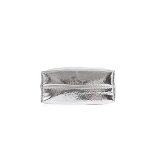 Detailed base view of silver pleated cloud bag with metallic texture finish