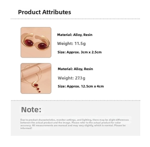 Detail specifications of resin geometric necklace and earrings with weight and dimensions