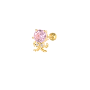 925 sterling silver gold octopus earring with pink gemstone and screw-back closure