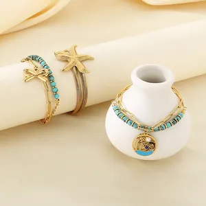 Bohemian Starfish Bow Turquoise Bead Bracelet And Necklace Coconut Tree Pendant Double Layer Jewelry For Women Beach