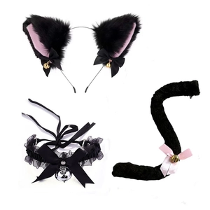 Detailed set of black faux fur cat ears, lace choker with bell, and matching plush tail