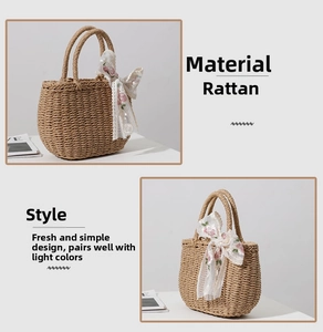 Detailed view of handmade straw tote bag with white lace floral bow and woven texture