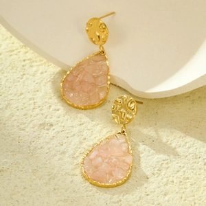 Elegant gold water drop earrings with pink natural stone inlay for women