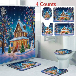 Vue détaillée du kit de salle de bain de Noël 4 pièces avec décor de cabane enneigée
