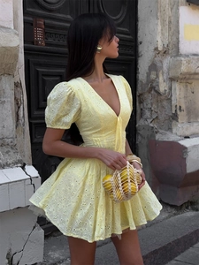 Yellow eyelet embroidery mini dress with puff sleeves and lace-up waist for summer fashion