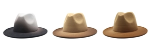 Three gradient fedora hats with wide brims in wool felt for autumn and winter style