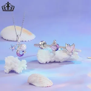 S925 sterling silver mermaid necklace and charm bracelet set with ocean shells