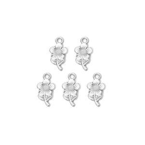 Set of five silver floral stainless steel pendants for DIY jewelry making on white background
