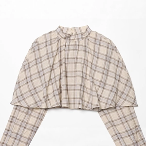 Plaid crop top with mock neck and elasticated hem in beige, grey and lavender