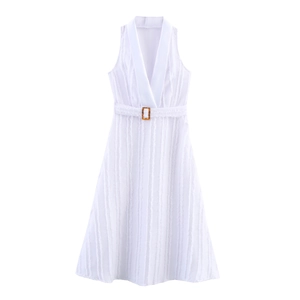 Elegant Sleeveless Maxi Dress With Blazer Collar And Belt High Waist Textured Solid White Office Commute For Women