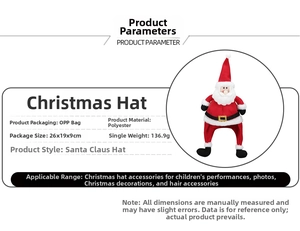 Detail specifications of Santa Claus hat showing packaging size and polyester material