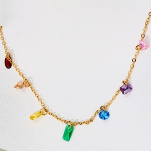 Golden stainless steel necklace with vibrant rainbow colored zircon gemstone pendants